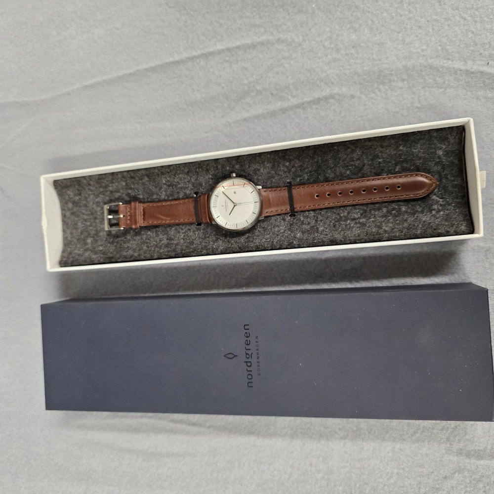 Nordgreen Copenhagen Philosopher Watch White Dial Brown Leather Strap New Box